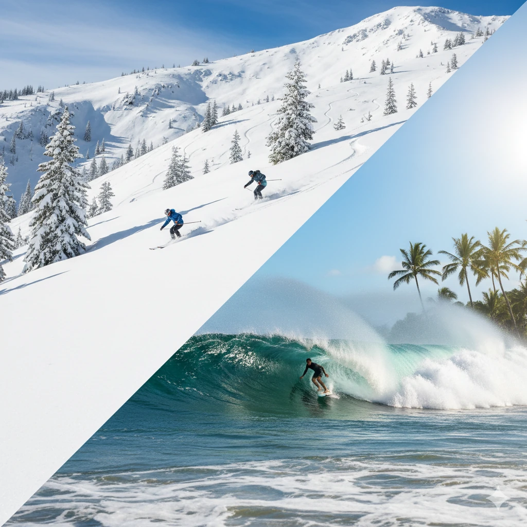 Quando da una parte si scia e dall’altra si surfa: l’inverno e l’estate che convivono sul pianeta